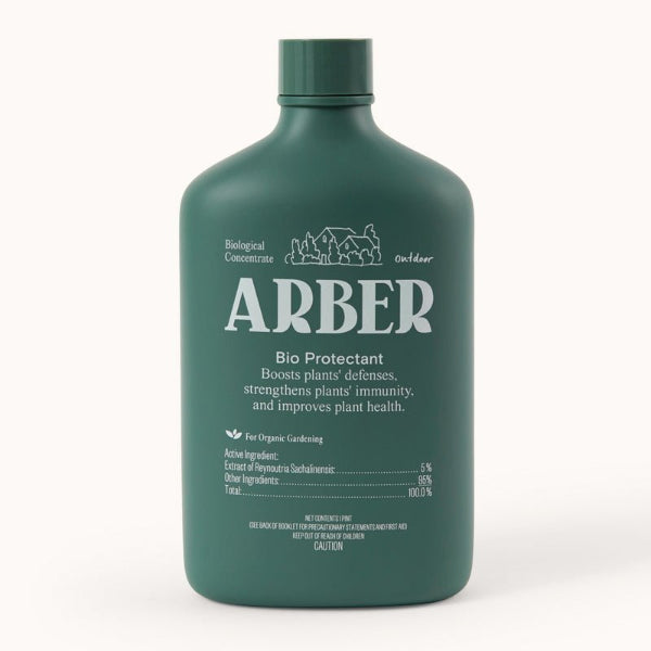 Green bottle labeled "ARBER Bio Protectant," a biological concentrate for plants that boosts defenses, strengthens immunity, and improves plant health.
